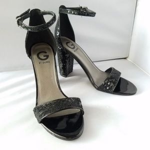 G Guess Shantell Black Sequin Ankle Strap Heels 9M